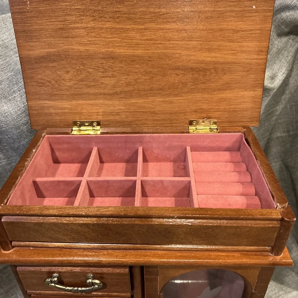 Vtg 1987 Wooden Jewelry Box Cabinet‎ 4 Drawers Etched Glass  Lift Top Organizer
